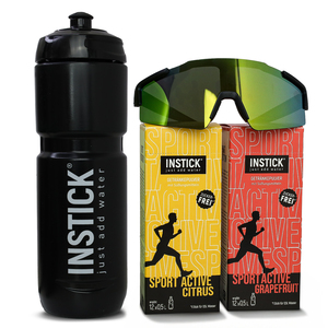 INSTICK Bundle mit Sport Active Citrus + Fahrradflasche in schwarz + schnelle Brille in schwarz oder weiß